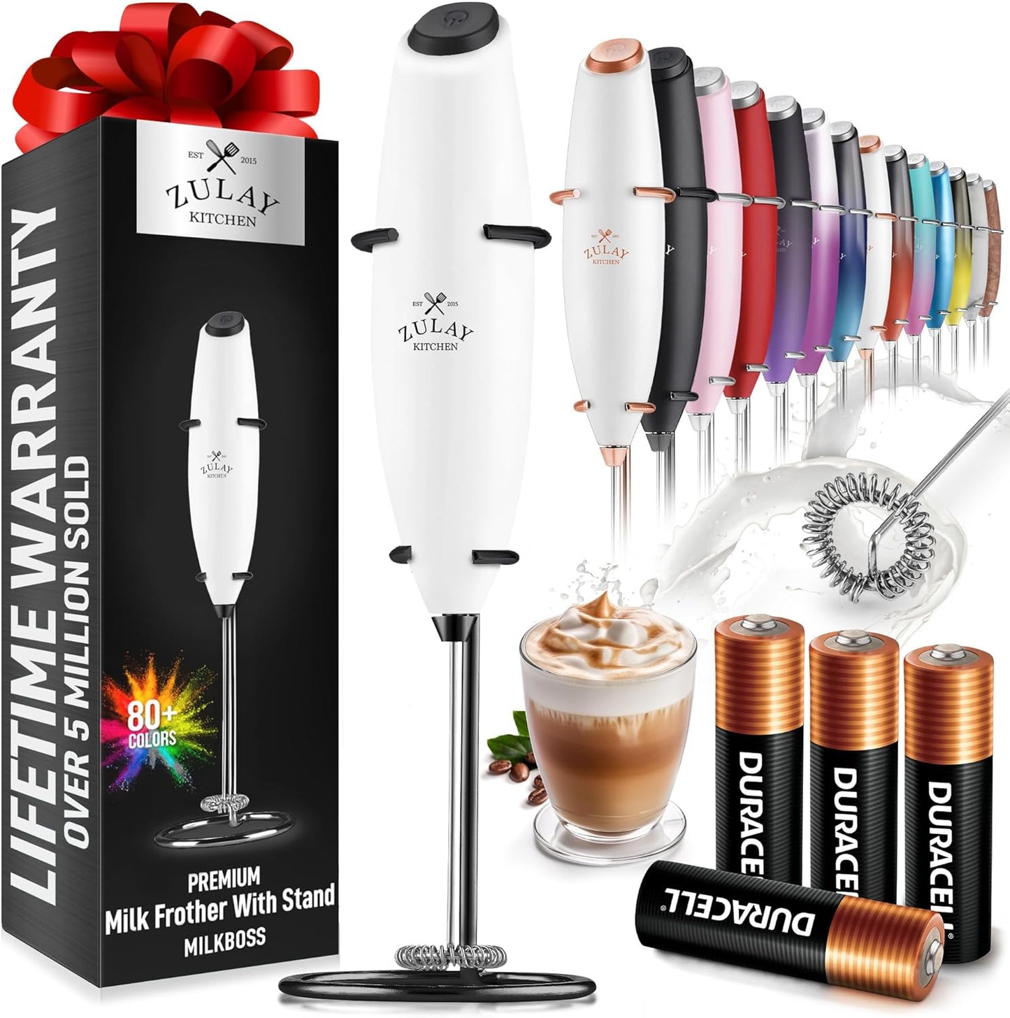 Zulay Kitchen Milk Frother Wand - Ultra-Fast Handheld Electric Whisk for Coffee & Lattes - White & Black