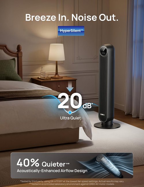DREO Bladeless Tower Fan - Ultra Quiet 20dB, 8 Speeds, 90° Oscillation, Remote Control - Black