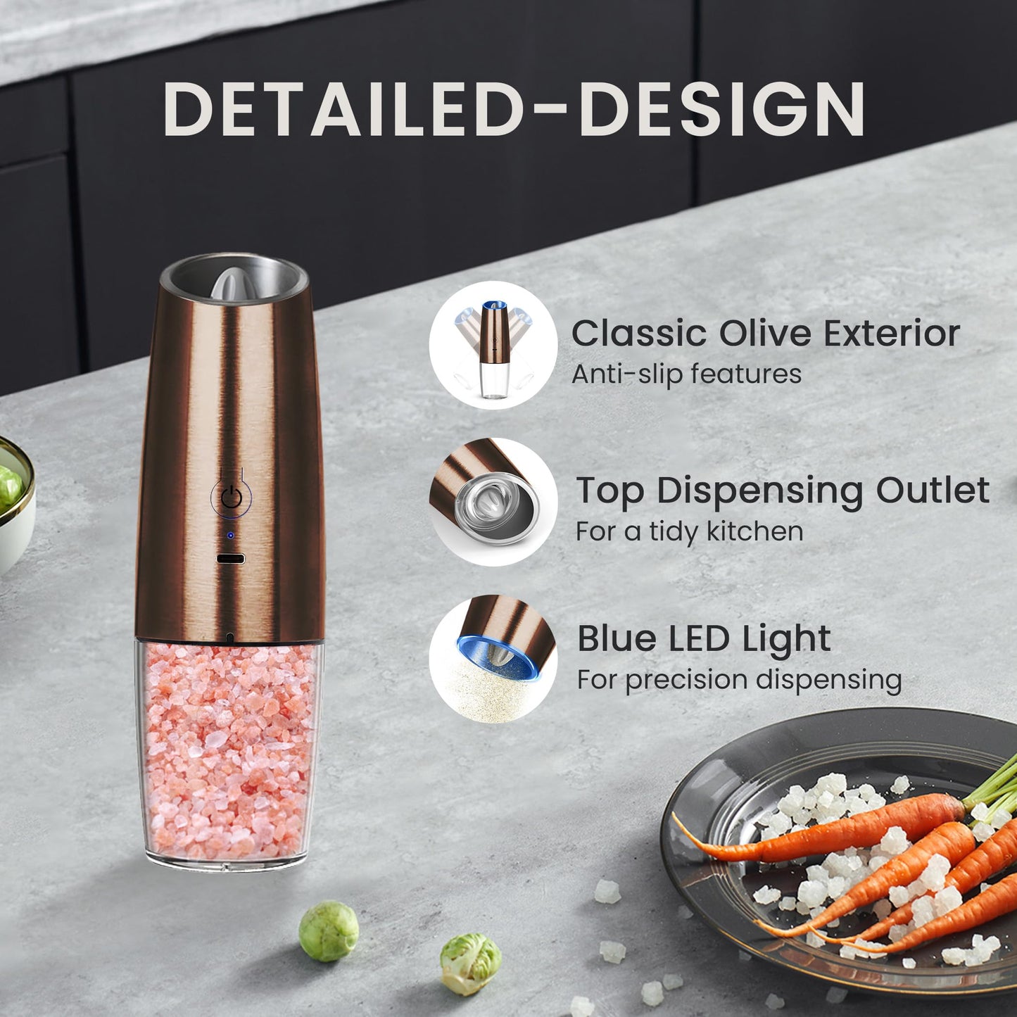BELRIGO Rechargeable Salt And Pepper Grinder Set with LED Light, Automatic Electric Gravity Salt And Pepper Shakers Set, No Battery Needed, Adjustable Roughness, 2 Pack (Copper)