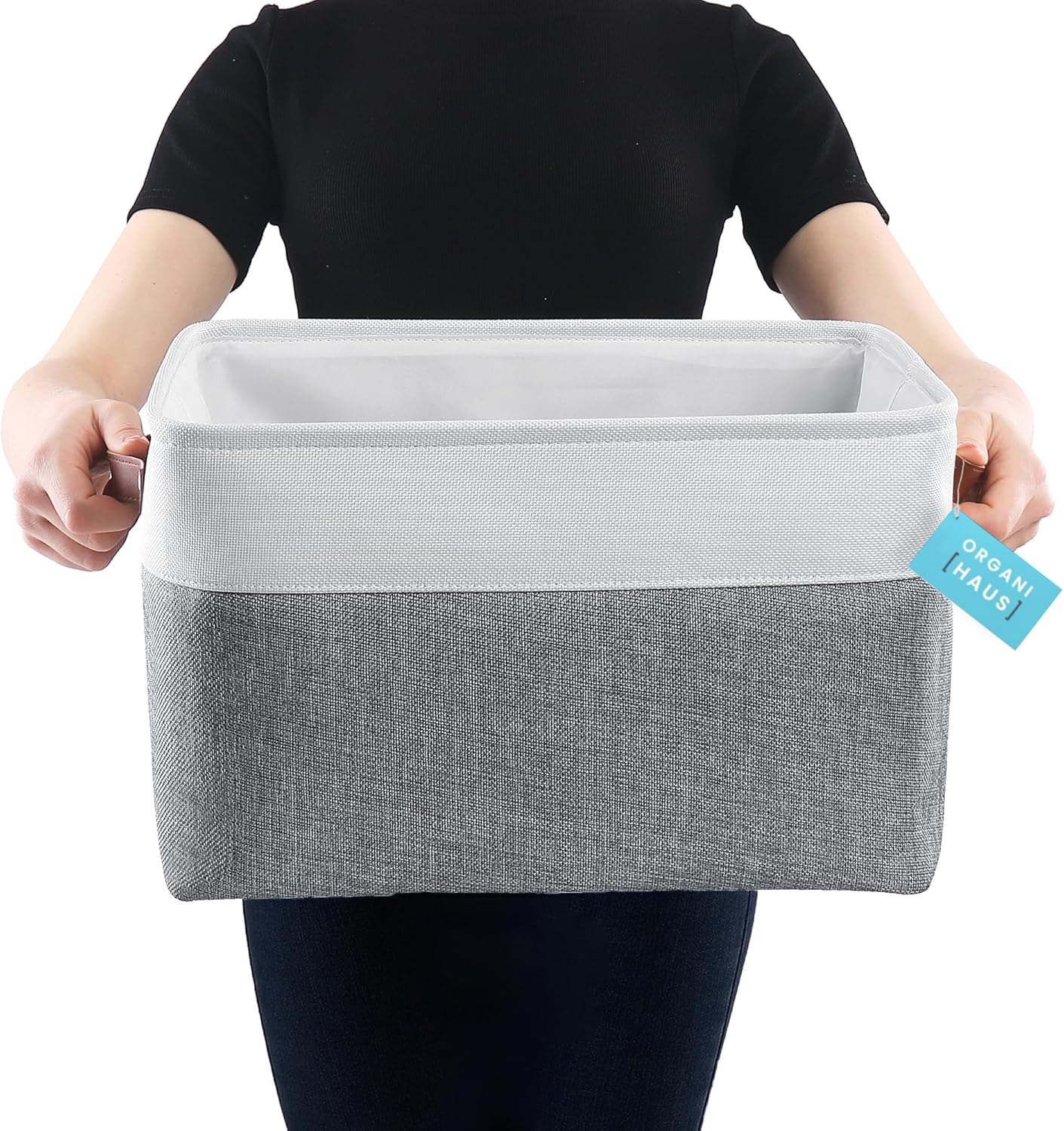 OrganiHaus Extra Large Fabric Storage Baskets - 3 Pack Canvas Organizers for Closets | 16x13in Gray/Off-White