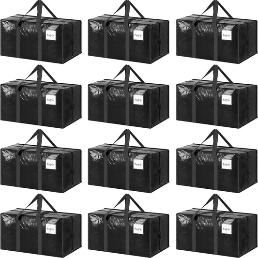 Skiennix Extra Heavy Duty Large Moving Bags - Strong Zipper & Comfortable Handles | 12 Pack, Black