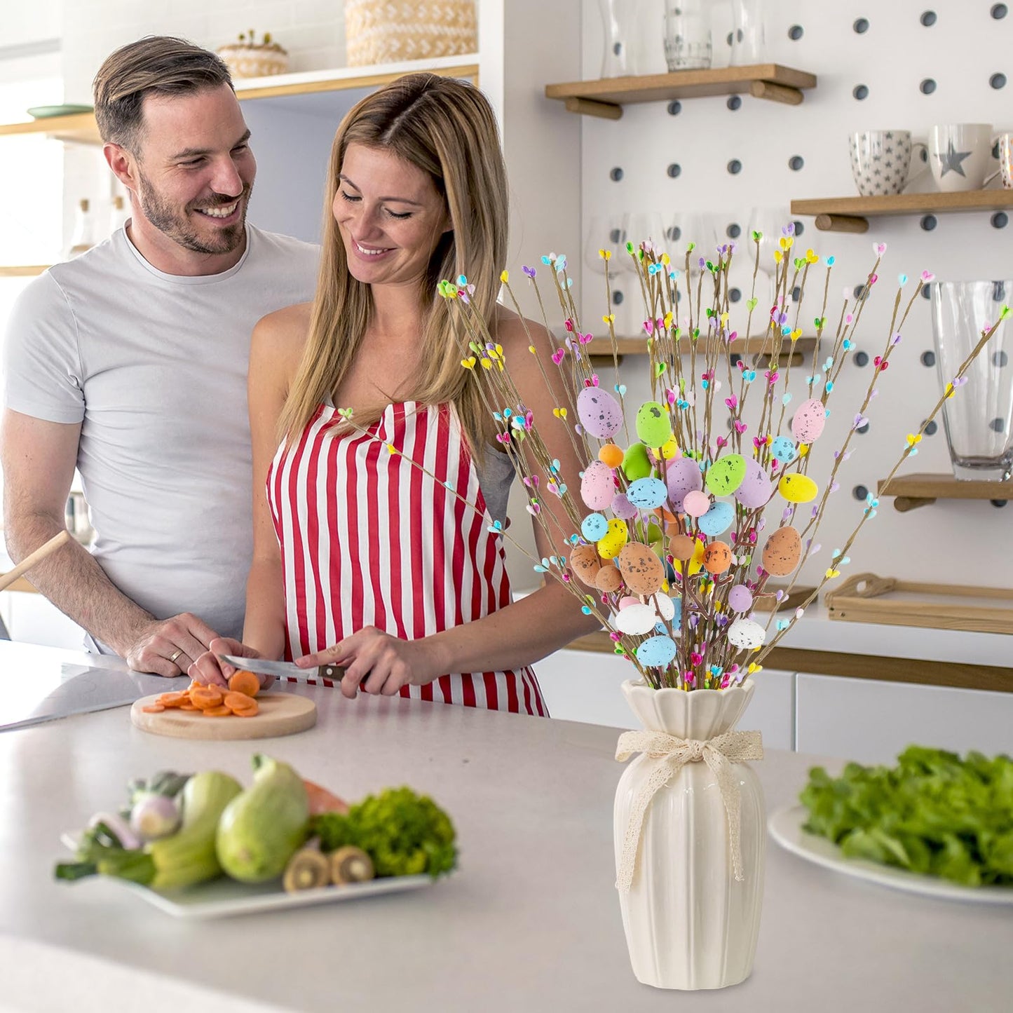Draupnir 48PCS Artificial Easter Spray Vine, Pastel Easter Eggs and Berries, Easter Egg Twig Branches, Easter Egg Branches for Easter Home Decoration and Flower Arrangement