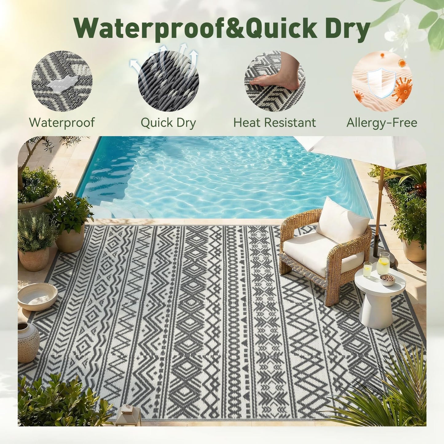 MontVoo Outdoor Rug - Waterproof Reversible 5x8 Patio Mat for RV, Camping, Beach, Boho Grey