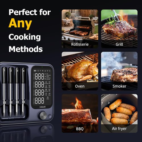 InkGrill Wireless Meat Thermometer with APP Control，4 Probes Meat Thermometer Digital, Unlimited Range WiFi & Bluetooth Meat Thermometerfor for Rotisserie，Grill，Oven，Smoker，BBQ, Air Fryer