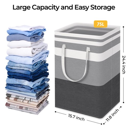 HomeHacks 2 Pack Large Laundry Baskets, Waterproof, Freestanding Laundry Hampers, Collapsible Clothes Hamper with Reinforced Handles in Laundry, College Dorm, Bathroom, Bedroom (Grey+Blue, 75Lx2)