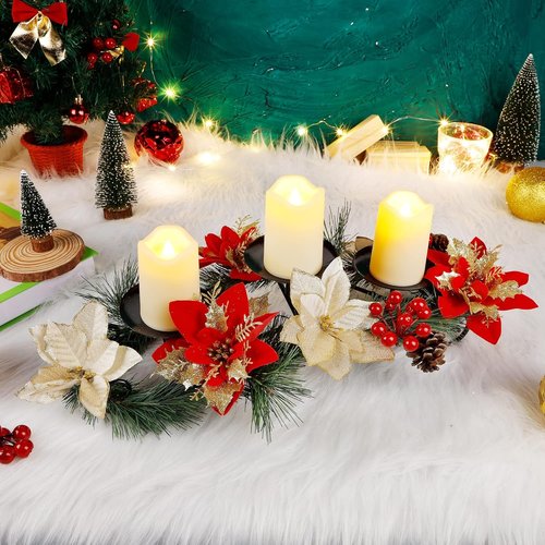 FORUP Christmas Centerpiece - Elegant Poinsettia Design with 3 Flameless Candles | Holiday Table Decor