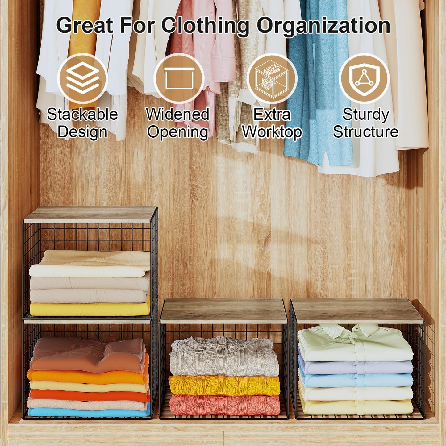 Skiennix Closet Organizer Set - Stackable Storage Shelves for Clothes & Sweaters | Space-Saving Design, Set of 3