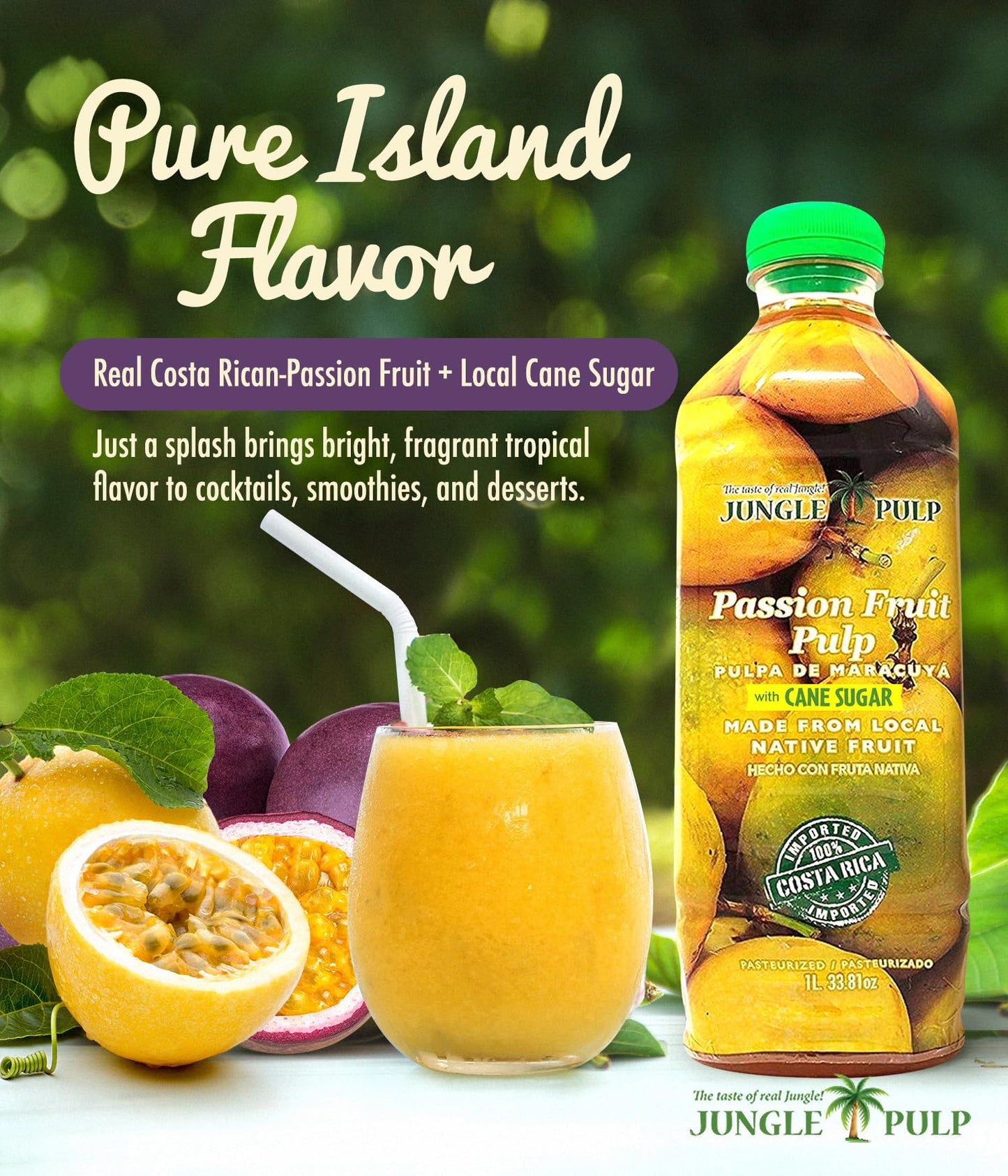 Jungle Pulp Passion Fruit Puree Costa Rica Blend, Topping, Flavoring, Better Than Syrup, For Cocktails, Pastries, Smoothies and Cooking 33.8oz/1 Liter.