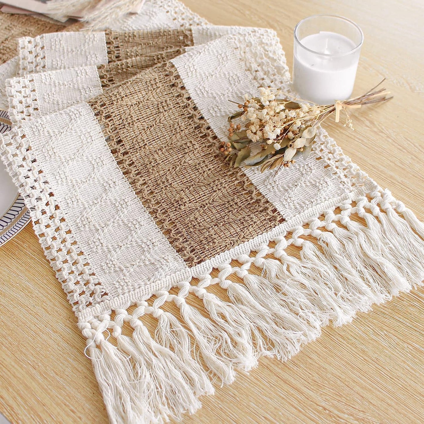 FEXIA Boho Table Runner for Thanksgiving Home Decor with Tassels 36 Inches Long Farmhouse Rustic Table Runner Cream & Brown Macrame for Boho Dining Bedroom Decor Rustic Bridal Shower (12x36 Inches)