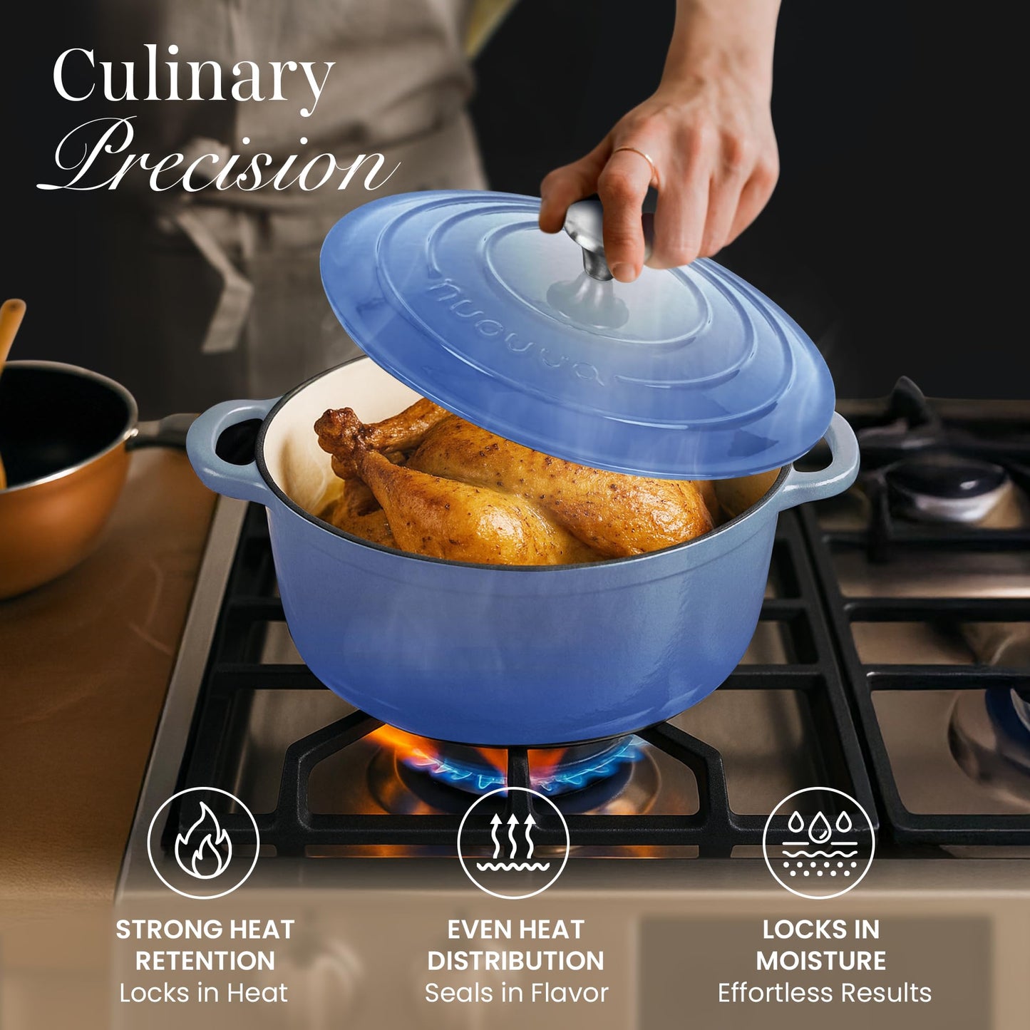 Nuovva Enamelled Cast Iron Dutch Oven Pot with Lid 6.4 Quart Non Stick Casserole Pot – Heavy Duty & Oven Safe up to 500° F for Bread Baking, Braising, Stews, Roasting – 28cm Costal Blue