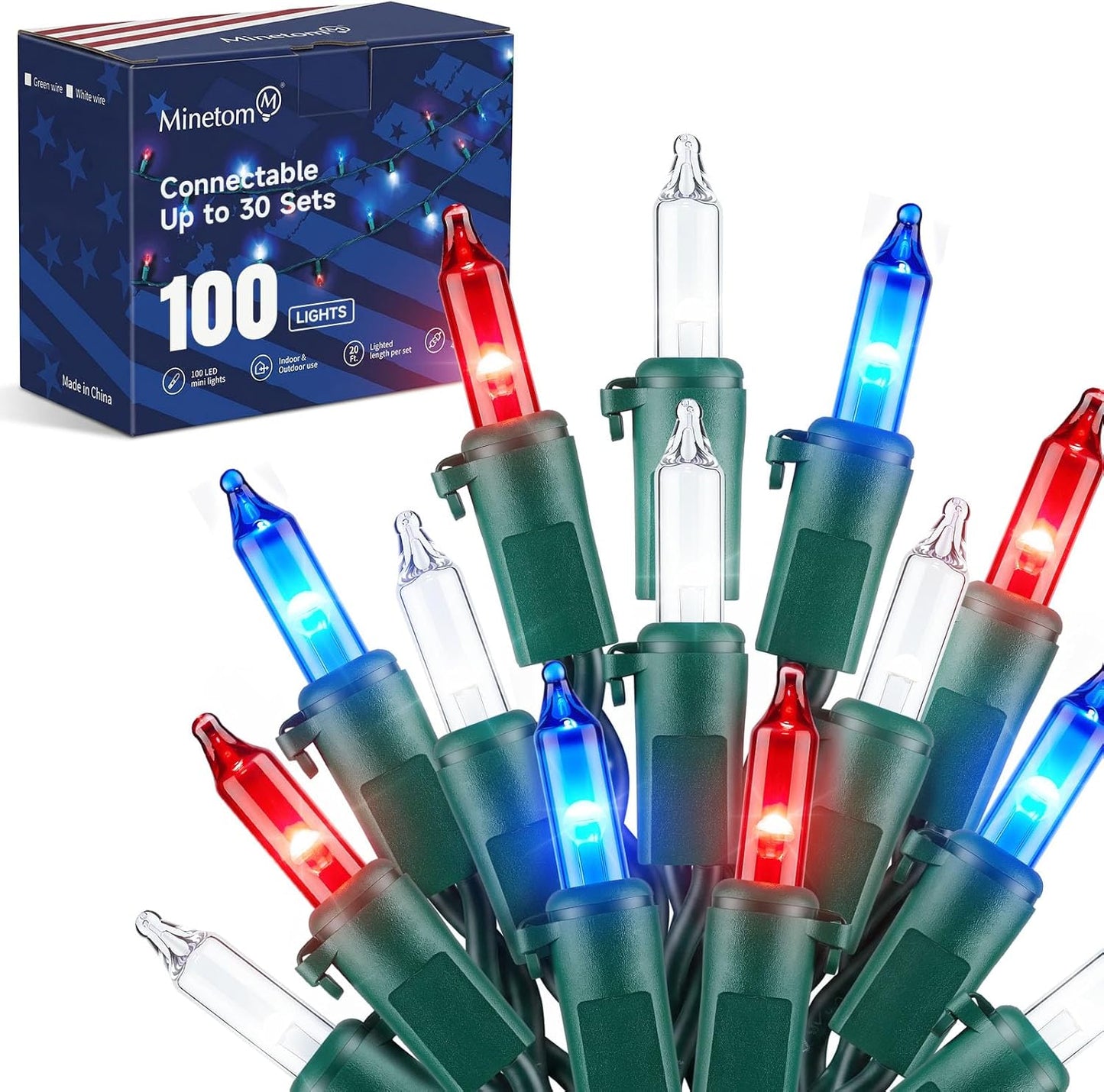 Minetom LED Christmas String Lights - 100 Count, 22 Feet, Waterproof Patriotic Mini Lights for 4th of July & Holiday Decor