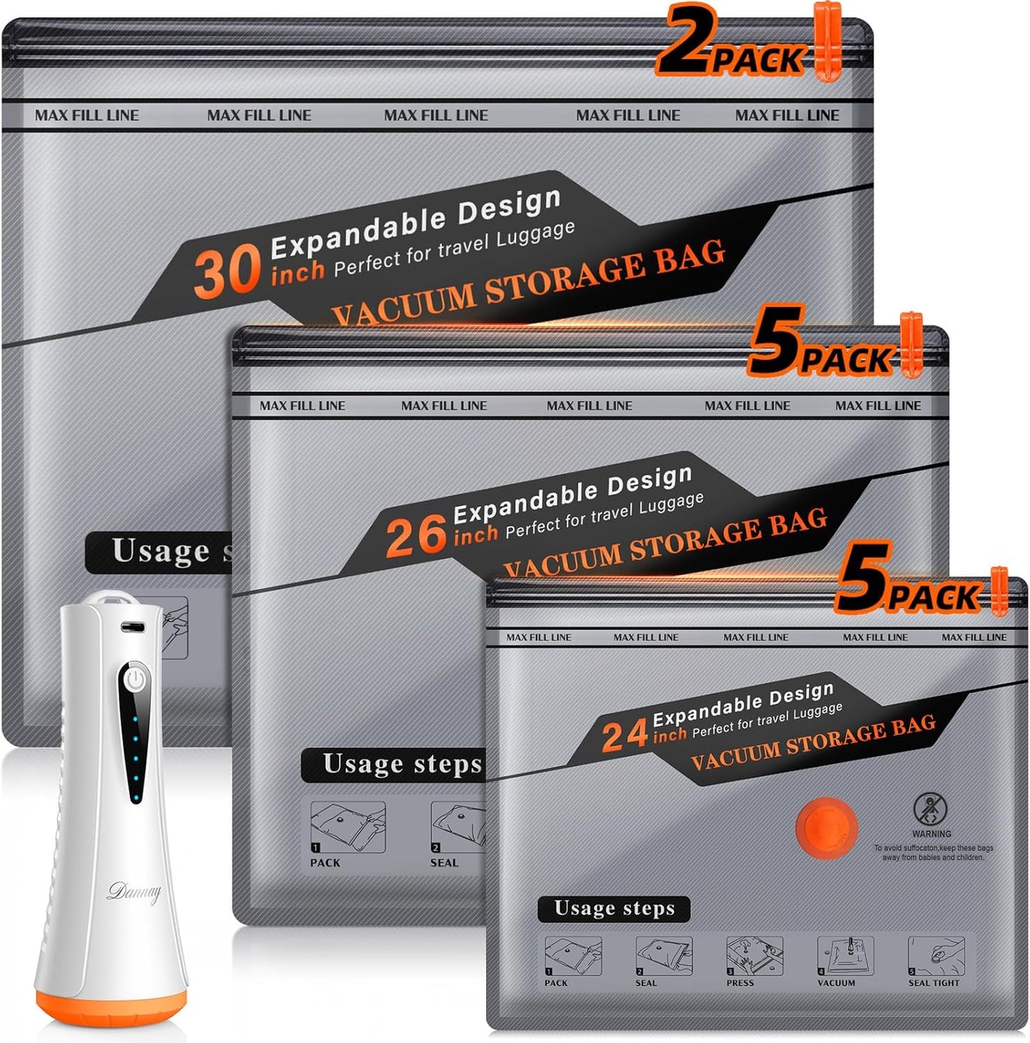 Skiennix Vacuum Storage Bags - 12 Pack Travel Space Saver Bags with Rechargeable Air Pump | Efficient Compression for Clothing & Luggage