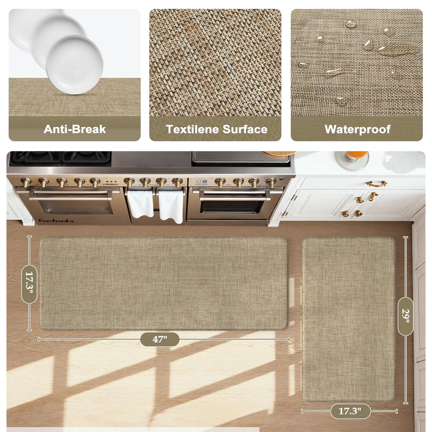 KIMODE Anti Fatigue Kitchen Mats, 17"x47"+17"x29" Farmhouse Kitchen Rugs Sets of 2, Non Slip Kitchen Mats for Floor, Cushioned Kitchen Floor Mats for Sink Laundry Office Desk Light Brown