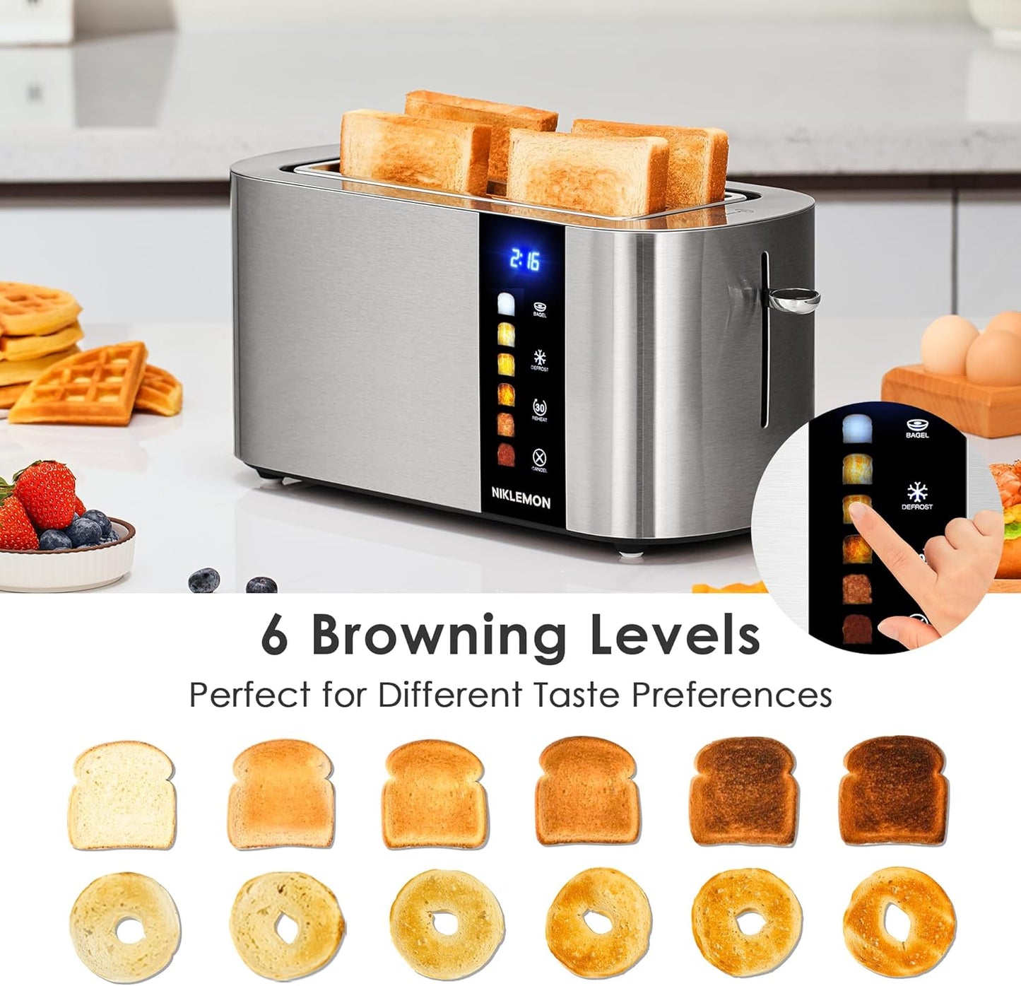 NIKLEMON Stainless Steel 4-Slice Toaster - LED Display, Extra Wide Slots, 1300W Power | Bagel & Defrost Functions