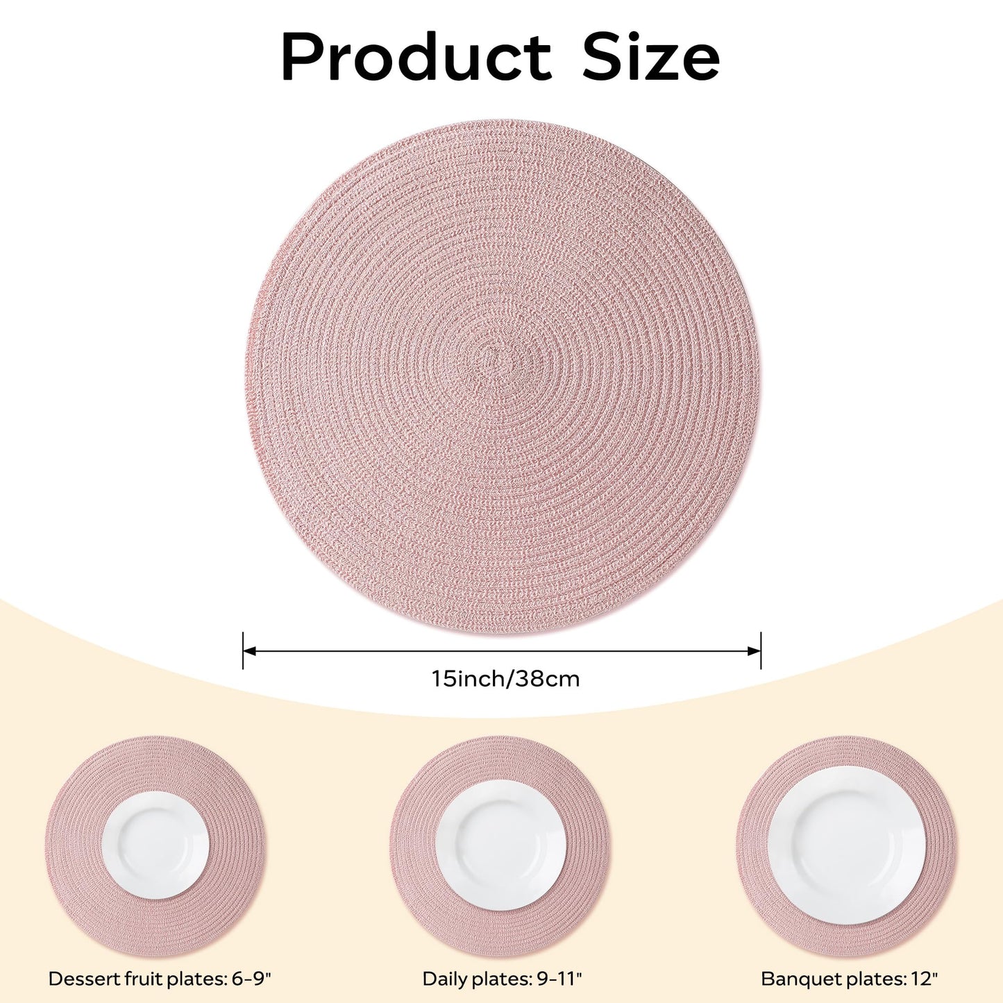 Leetaltree Round Placemats Heat and Slip Resistant Cotton Table Mats, Washable Bohemian Placemats for Dining Tables (Pink, Set of 4)