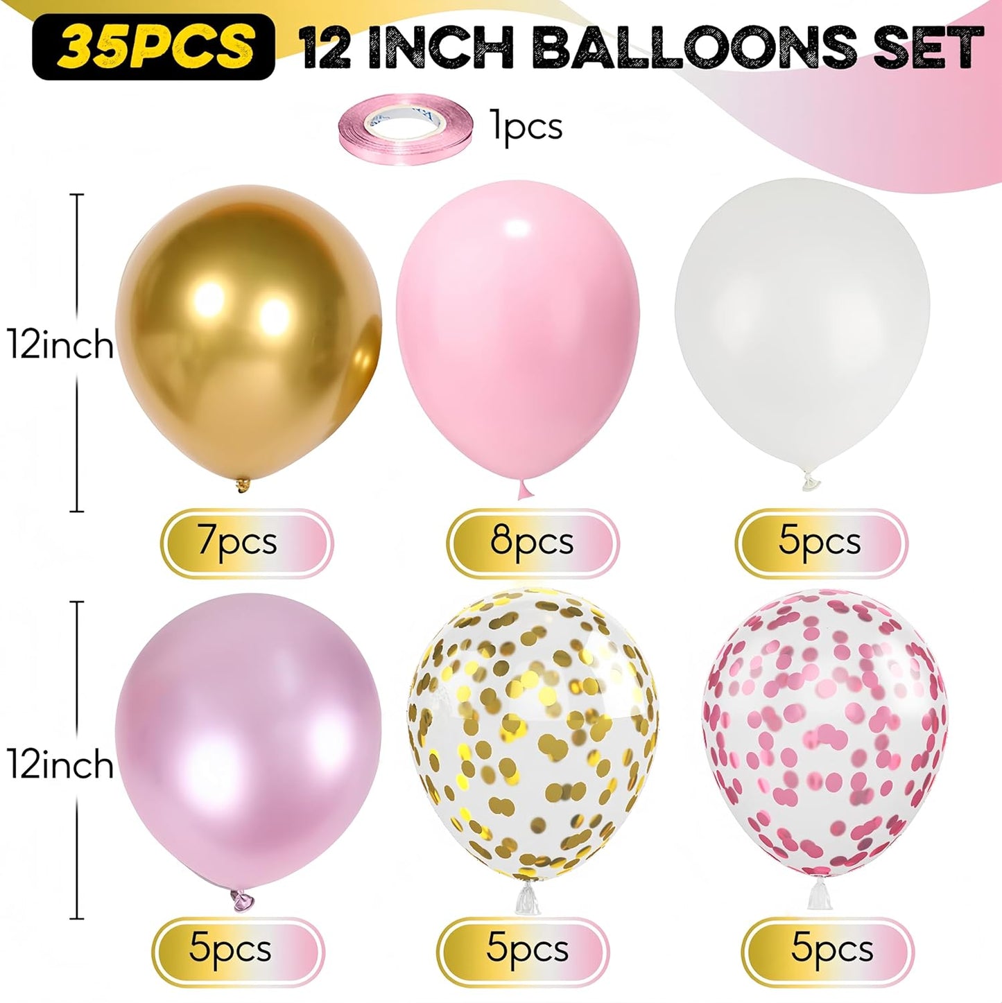 Pink Gold Balloons Set - 12 Inch Latex Balloons with Confetti | Perfect for Bridal Showers & Birthdays