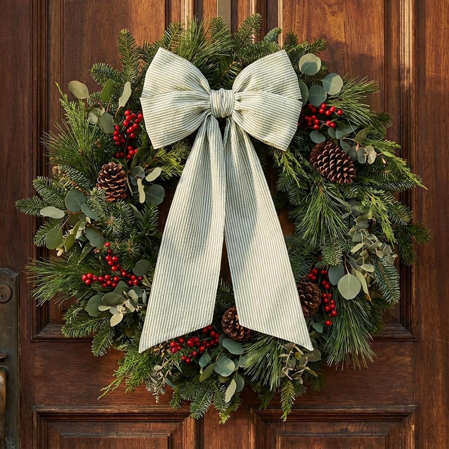 Skiennix Wreath Sash - Holiday Stripes Ribbon for Front Door | 5.1'' W x 59'' L, Green Striped Decor