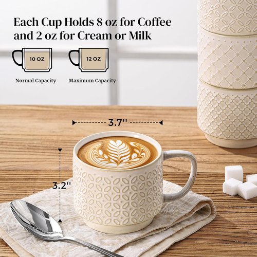 DOWAN 12oz Ceramic Coffee Mugs Set of 4 - Stackable, Microwave Safe with Large Handle for Home & Office