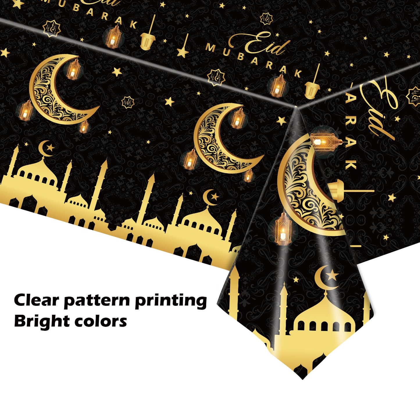 3 Pack Ramadan Decorations Ramadan Table Cloth, Black and Gold Eid Mubarak Tablecloth, 108x54 inch Ramadan Mubarak Table Cover, Ramadan Eid Decorations for Home, PE Plastic Disposable Tablecloth