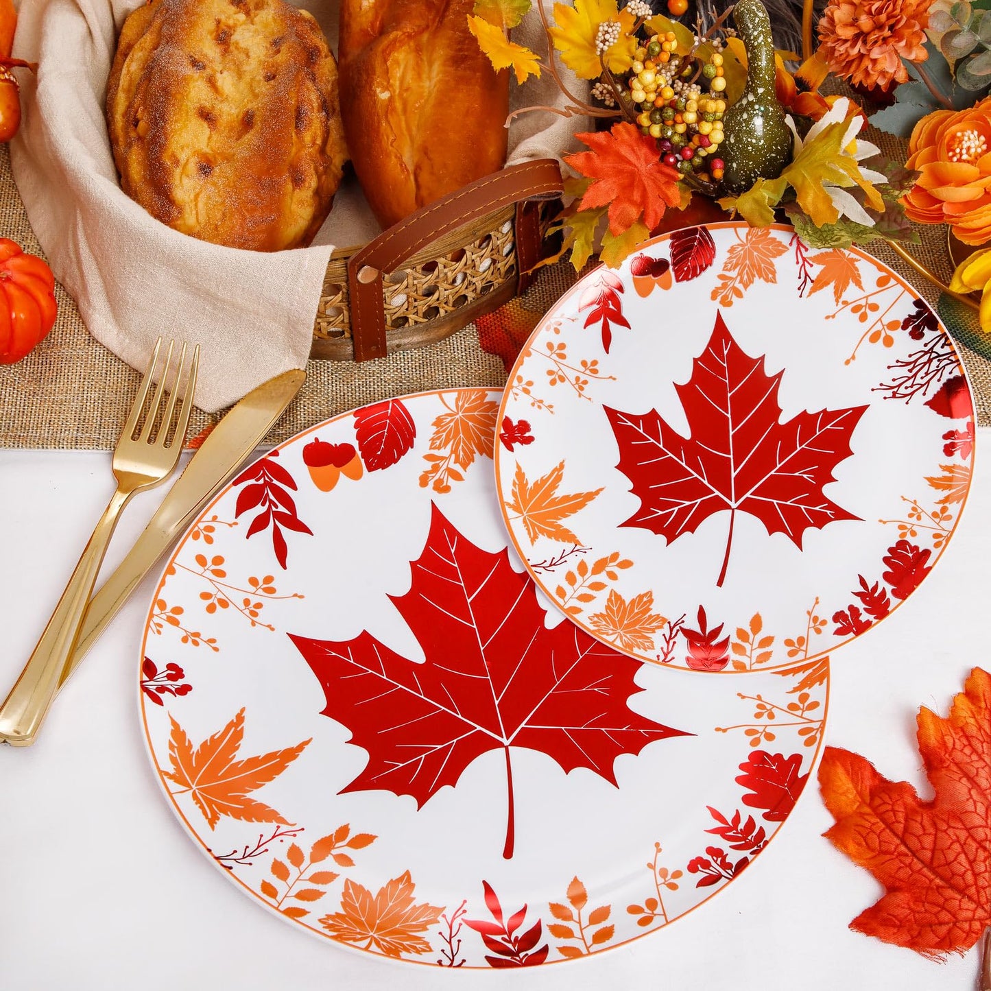 Liacere 150PCS Thanksgiving Plastic Plates- Include 30 Dinner Plates, 30 Dessert Plate,30 Forks, 30 Gold Spoons, 30 Gold Knives Perfect for Thanksgiving＆ Fall Plates
