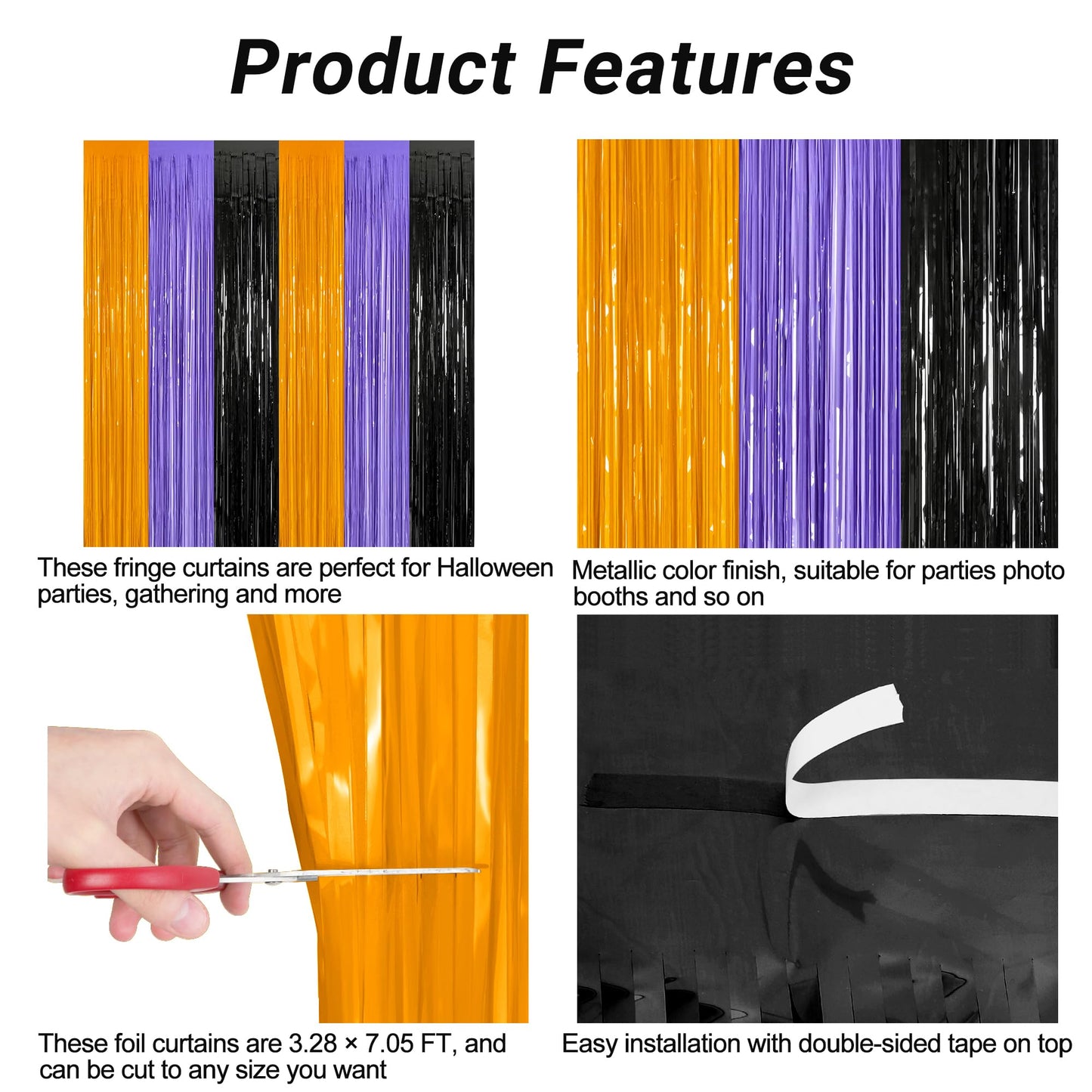 8 Pack Halloween Decorations Indoor, 3.28 FT x 7.05 FT Party Streamer, Orange Purple Black Streamer Backdrop Fringe Curtains Foil Tinsel, Halloween Party Supplies Hanging Halloween Decor