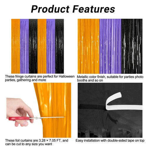 12 Pack Halloween Decor, 3.28 FT x 7.05 FT Orange Purple Black Fringe Curtains, Funny Wall Backdrop Photo Booth Backdrop Party Streamer, Halloween Foil Decorations Photo Booth Props