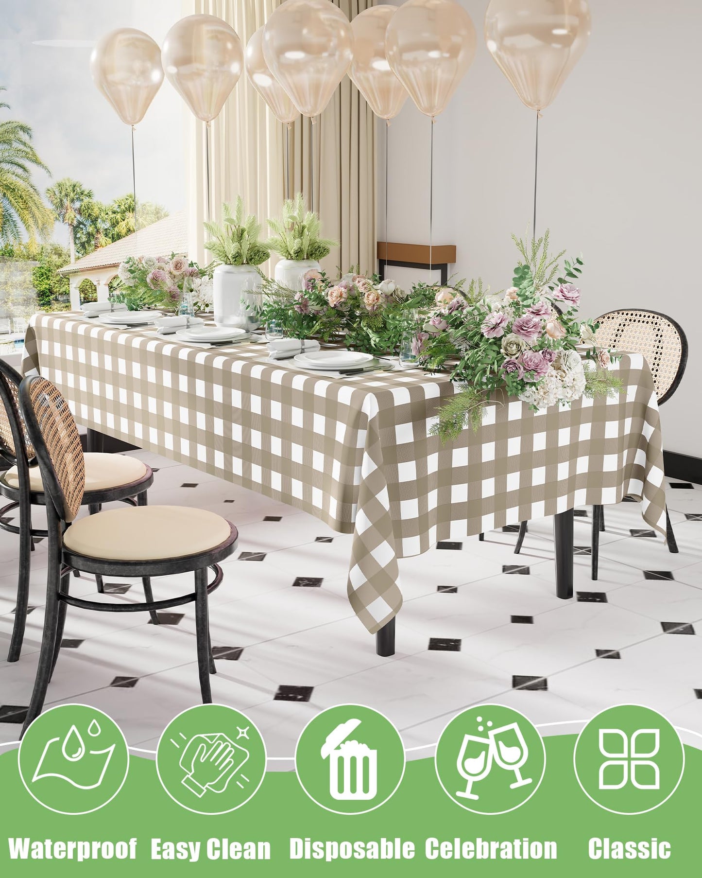 Smiry 8 Packs Gingham Disposable Table Cloth, 54 x 108 Inch Waterproof Plastic Tablecloth, Rectangle Khaki and White Checkered Table Covers for Outdoor, Birthday, Party