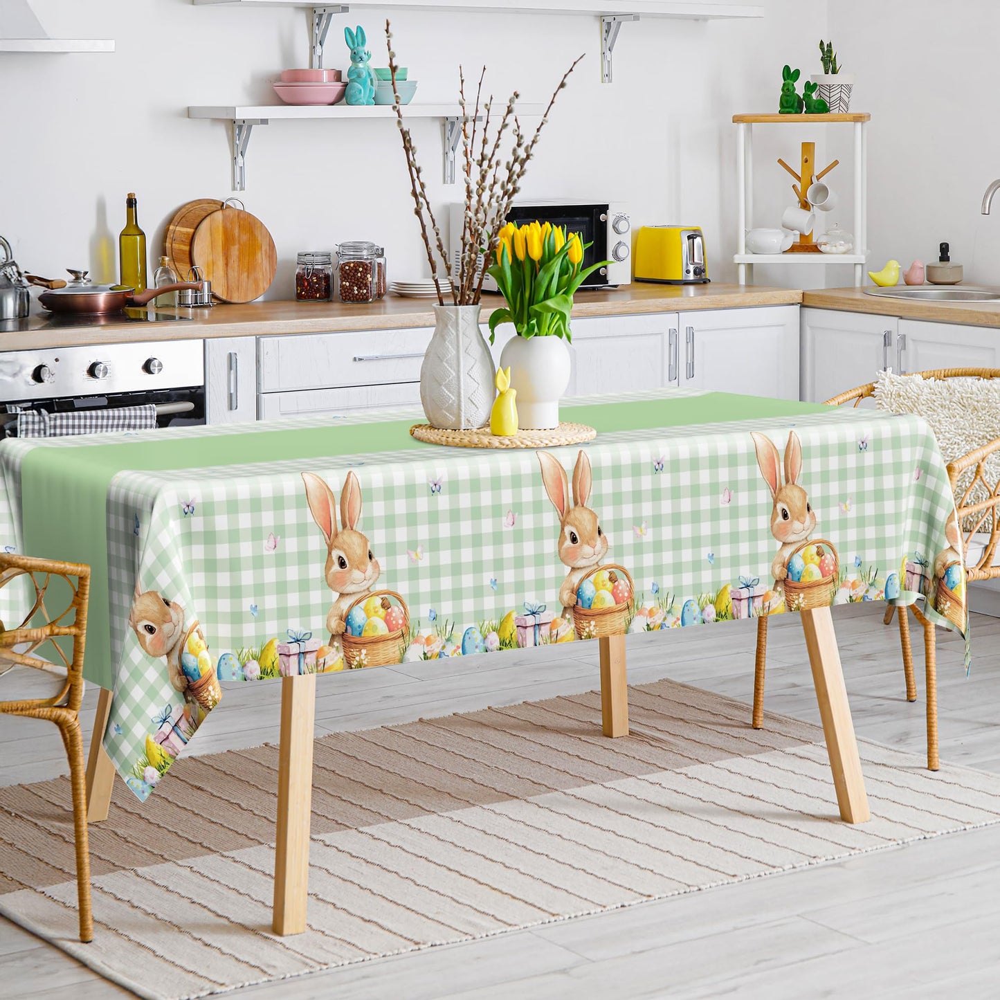 QZYL 3 Pack Easter Tablecloths, 54" x 108" Disposable Easter Decorations, Sage Green Bunny Plaid Spring Tablecloth, Rectangle Plastic Easter Table Cloth with Easter Party Decorations Supplies Favors