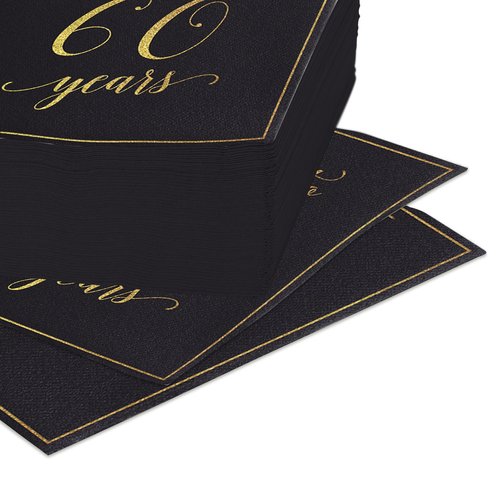 Heyiminy 20 Pack Cheers to 60 Years Napkins, Black and Gold 60th Birthday Napkins, 13 * 13 Inch Disposable Paper Cocktail Dinner Napkins for Birthday Wedding Anniversary Party Decorations (60 Years)