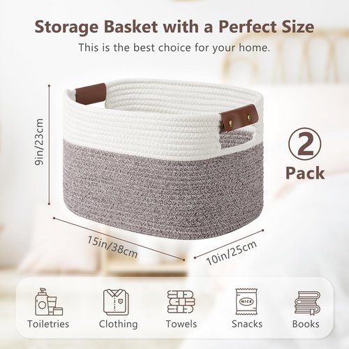 ECDYQXVU Cotton Rope Basket - Woven Storage Baskets with Handles for Shelves | 15x10x9 Inch, White & Brown (2 Pack)