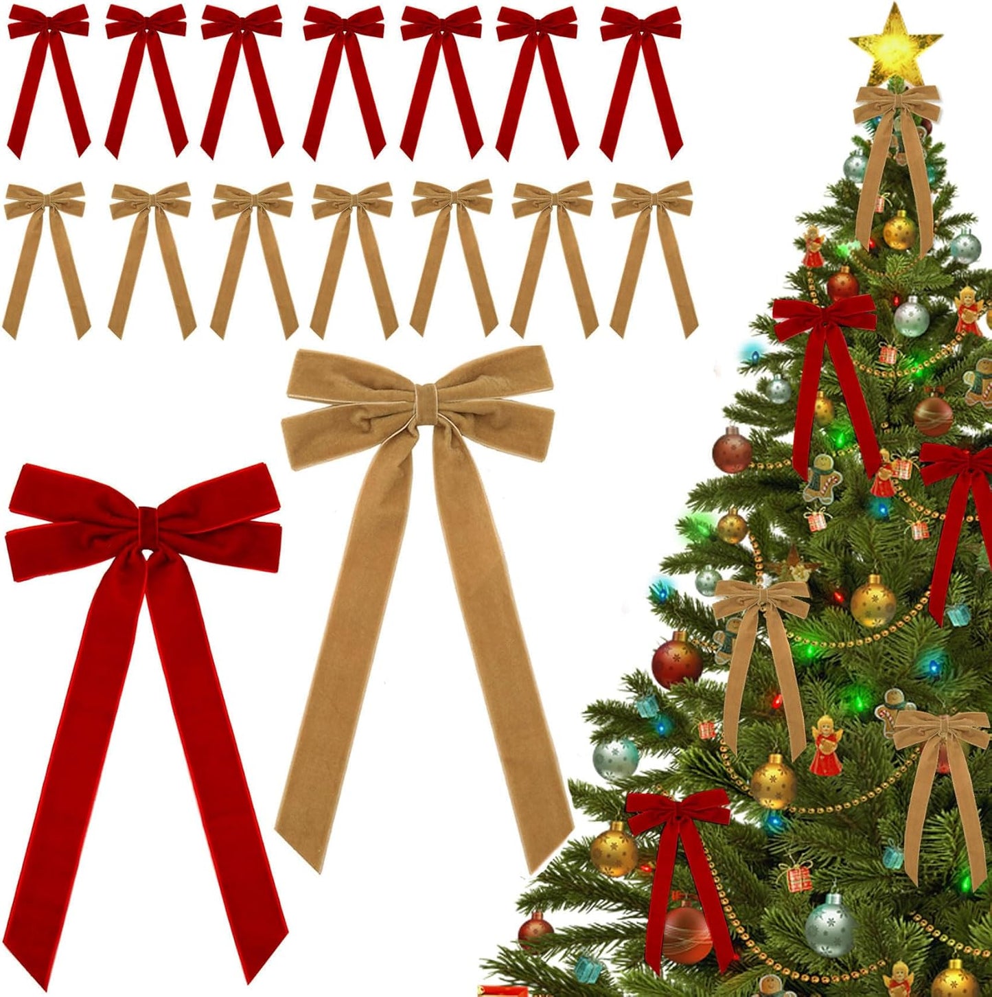 Regine Switzerland Vintage Velvet Christmas Bows - 16 Pcs DIY Holiday Tree Ornaments (5 x 10 Inch)