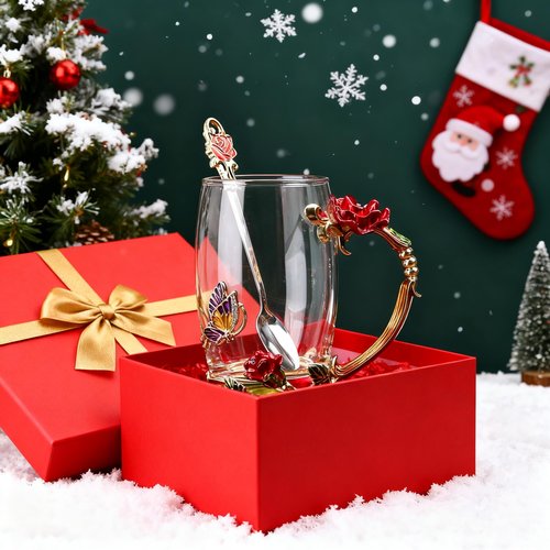 Guon-Wuvl Handicraft Crystal Glass 3D Flower Cups Tea Mug With Tea Spoon Women Coffee, Tea, Juice, Beer, Milk Hot And Cold Drinks Use Gift Package. (Red Rose-Tal)