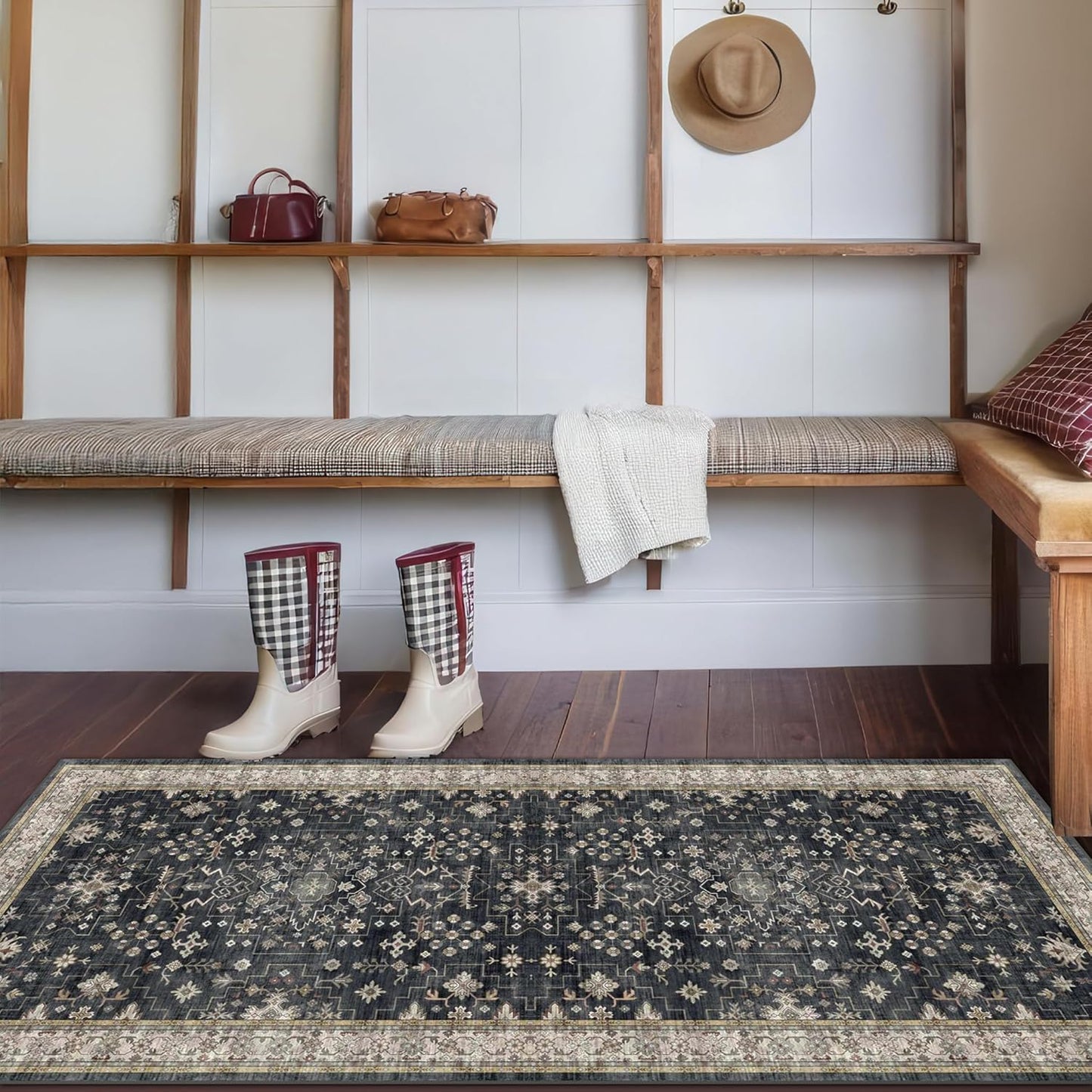 Vintage Floral Runner Rug by Black Entryway - Non-Slip, Washable, Stain Resistant | 2x5 ft Dark Ashen Charcoal