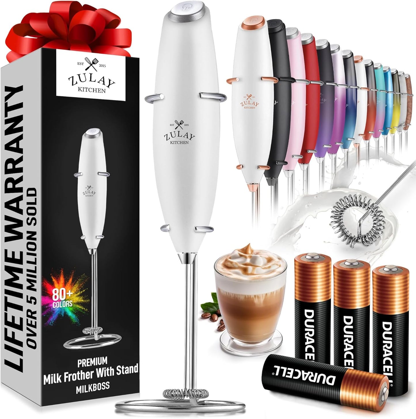 Zulay Kitchen Milk Frother Wand - Ultra-Fast Handheld Drink Mixer with 4 AA Batteries - Blizzard White