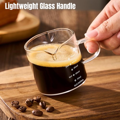 gegewawa Espresso Cups Set of 2 with Handle, 2.5 OZ Double Spout Espresso Shot Cups Glass Measuring Cup with Dual Scale, Espresso Shot Glass with V-Shaped Mouth, Espresso Accessories