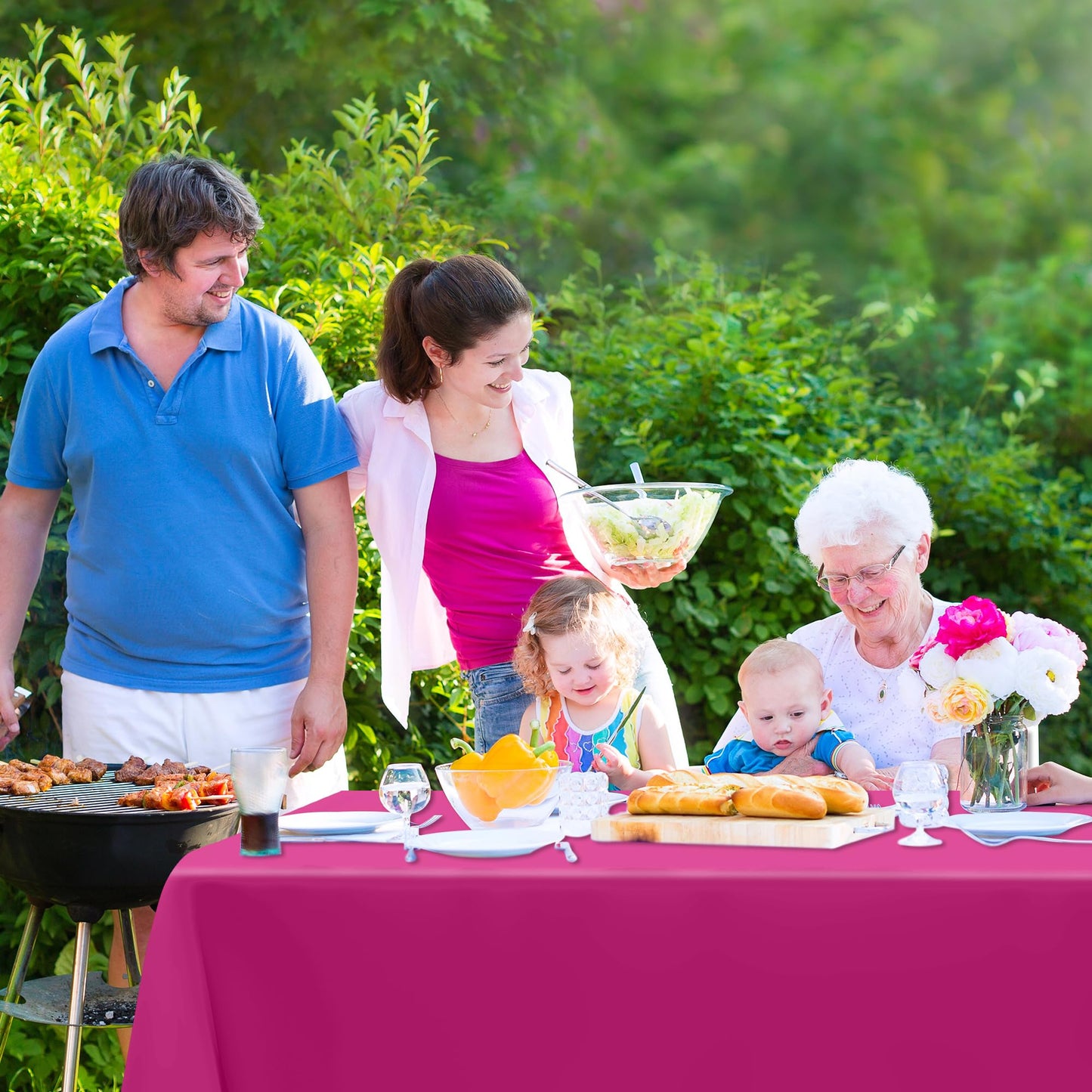 QZYL 2 Pack Picnic Table Cover, 108 x 54 Inches Hot Pink Tablecloth, Rectangle Plastic Tablecloth Disposable Table Cloth Party Tablecover, Decorative Party Supplies Decorations for Outdoor Indoor