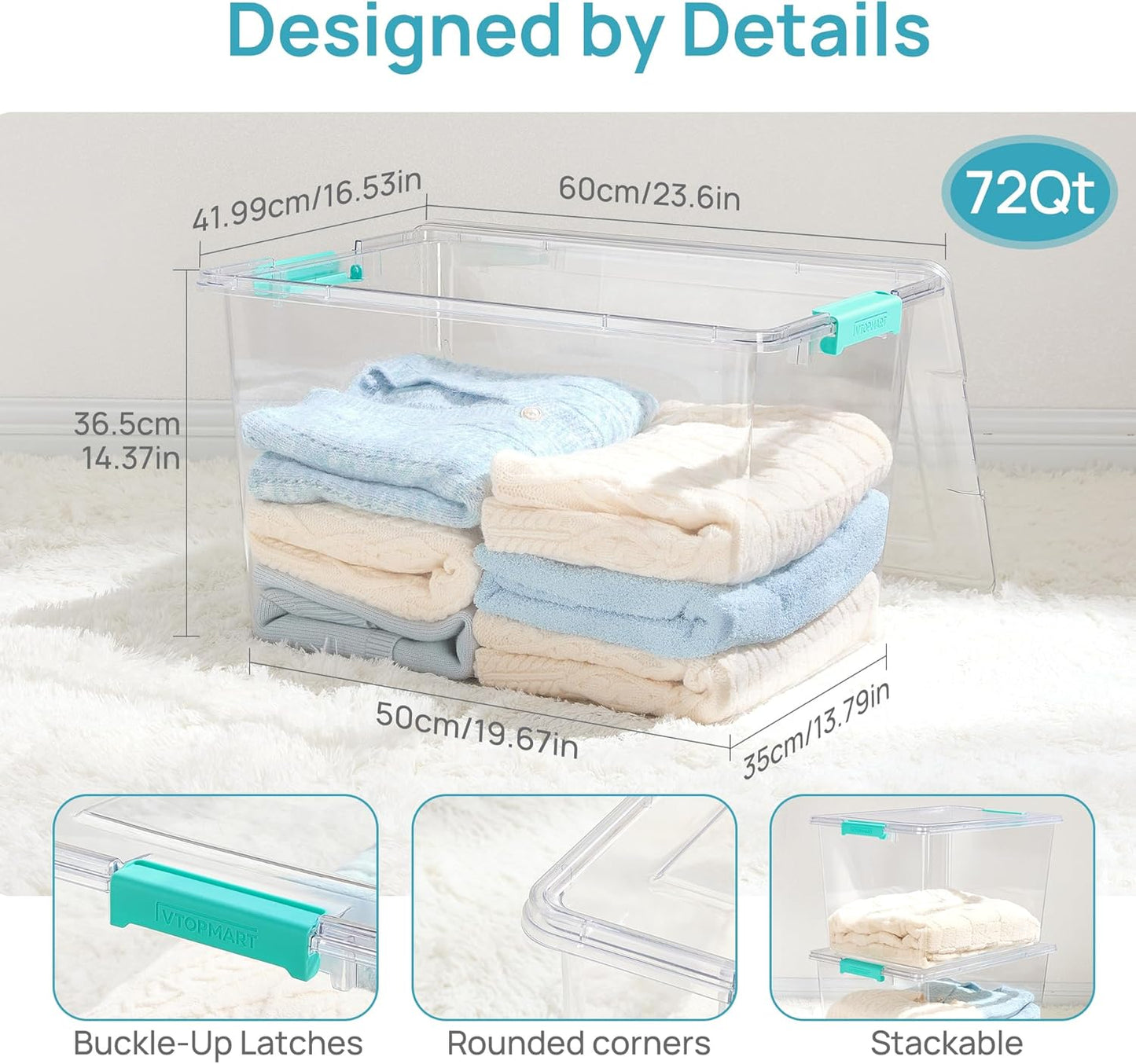 Vtopmart 72 QT Crystal Clear Storage Bins - 2 Pack with Lids | Stackable Plastic Totes for Organizing Clothes and Bedding