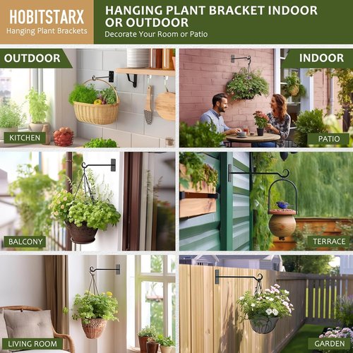Heavy Duty Plant Hangers - Hand-Forged Wrought Iron Wall Hooks - 12 Inch Black Brackets for Outdoor Plants, Lanterns & Bird Feeders