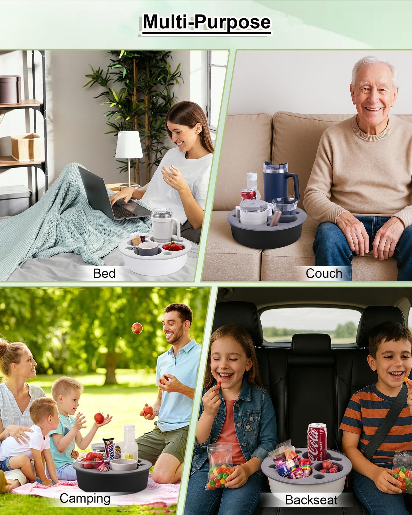 Couch Cup Holder Tray Round, Bonfixe 4-Cups Bedside Drink Holder for Elderly/Pregnancy, Stable Non-Spill Silicone Couch Caddy for Remote Control, Glasses‌, Snacks, Phones‌ (Black)