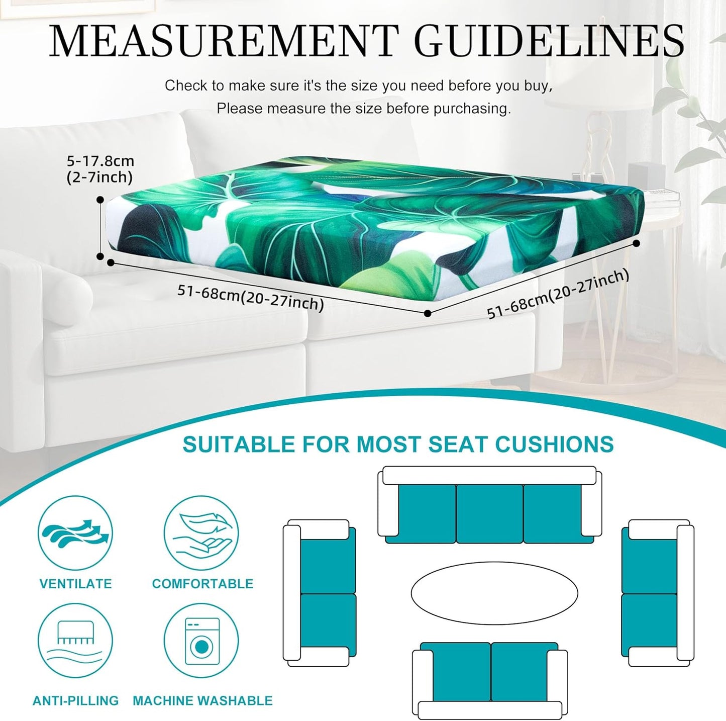 Skiennix 12 Pcs Stretch Patio Cushion Covers - Washable Green Leaf Slipcovers for Outdoor Furniture