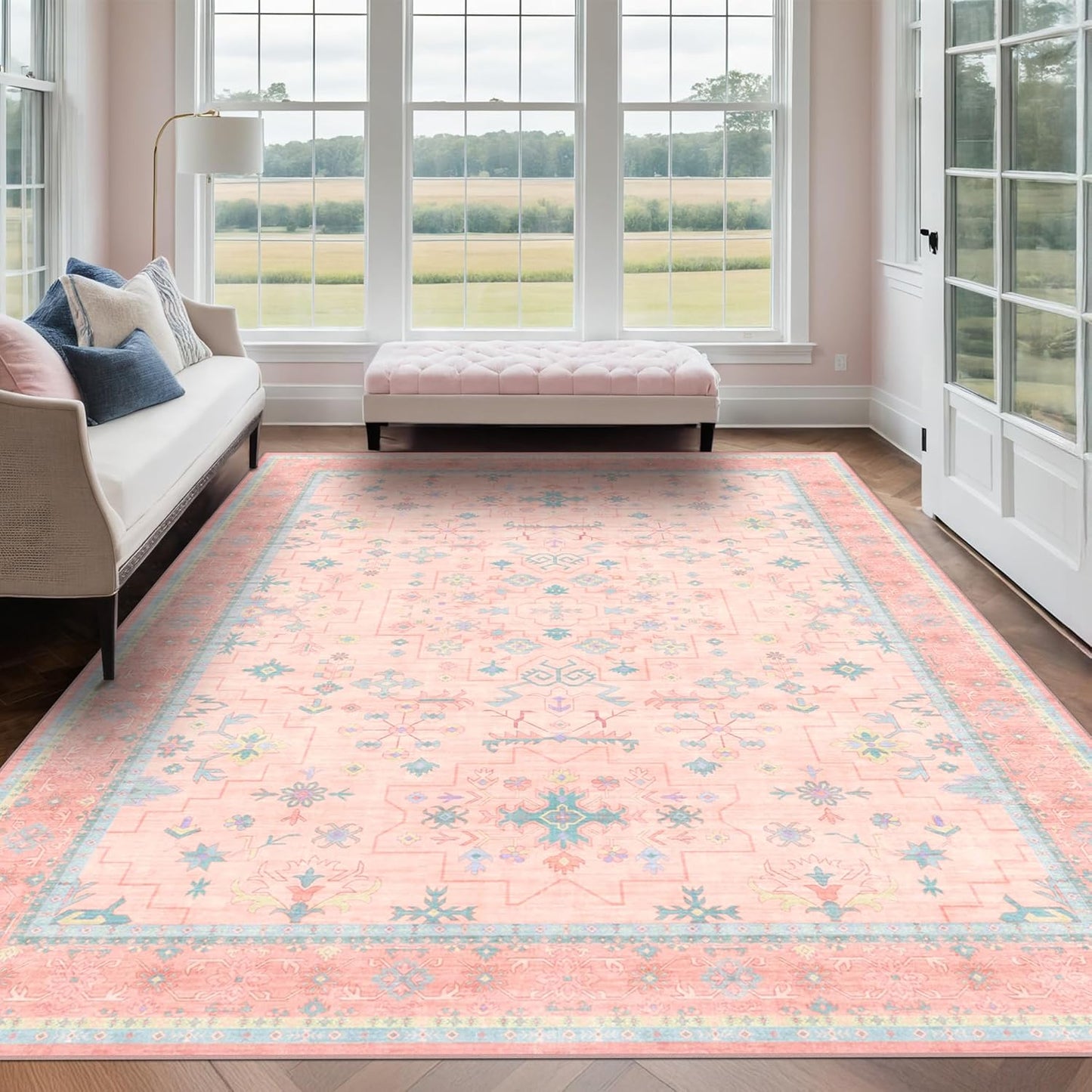 Oushak Rugs | Washable Pink & Blue 8x10 Area Rug - Modern Floral Design, Soft Faux Wool, Non-Slip
