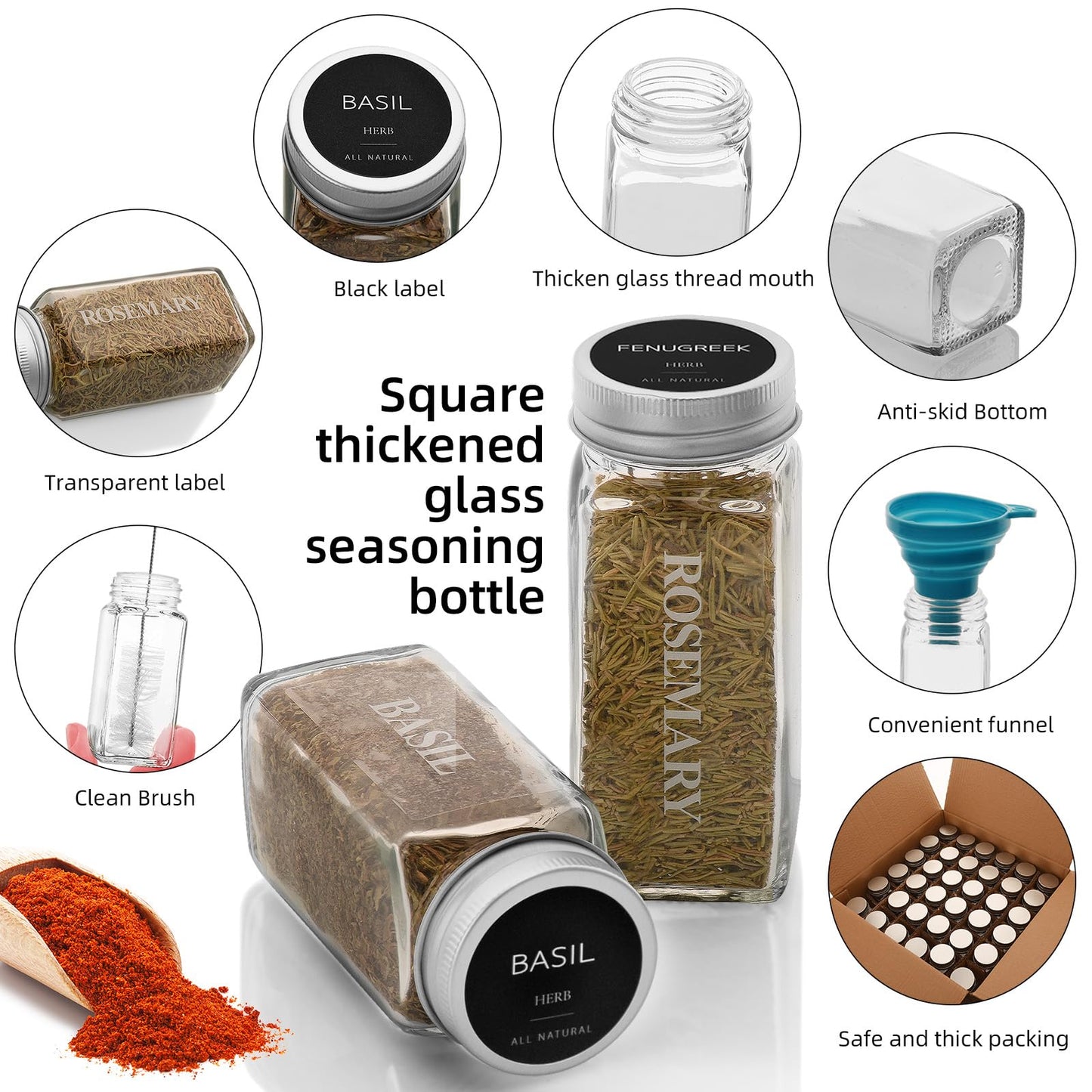 eispap 36 Pcs 4 OZ Glass Spice Jars with Metal Caps, Glass Jars with Minimalist Farmhouse Spice Labels Stickers, Collapsible Funnel, Seasoning Storage Bottles for Spice Rack, Cabinet, Drawer (36)