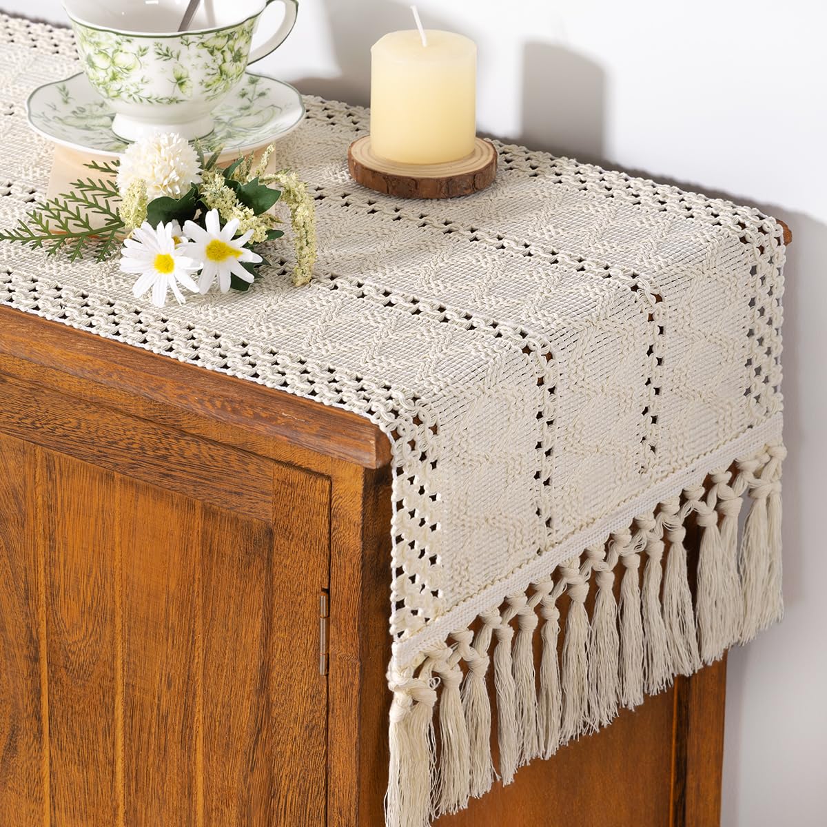 Socomi Boho Table Runner Summer Farmhouse Rustic Dining Kitchen Centerpiece Decor Small Macrame Woven Cotton Linen Coffee Table Runner for Dresser Scarf Home Decor 12x36 inch Beige