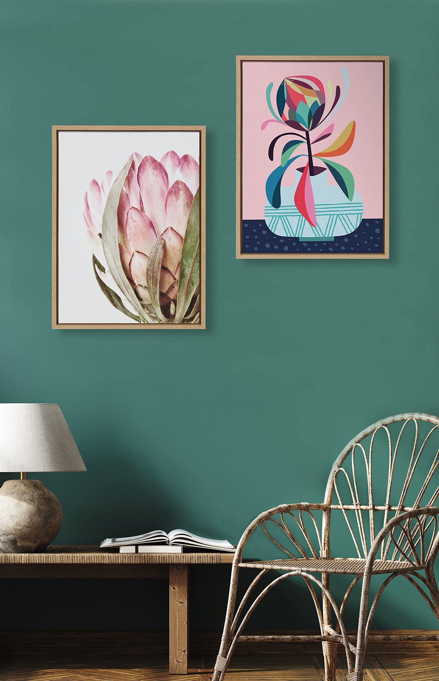 Kate and Laurel Sylvie Pink Protea Flower Framed Canvas Wall Art by Amy Peterson Art Studio; 18x24 Natural; Gorgeous Floral Accent for Wall