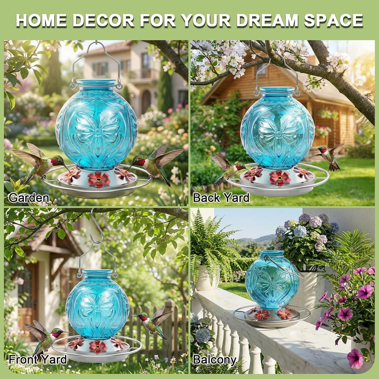 Skiennix Glass Hummingbird Feeder - 25 Oz Leak-Proof Outdoor Nectar Feeder with 5 Flower Ports | Blue