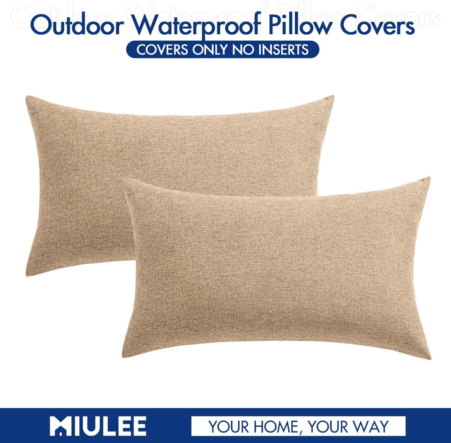 MIULEE Decorative Outdoor Throw Pillow Covers - Waterproof Faux Linen Cushion Cases | 20x12 Inch Light Tan (Pack of 2)