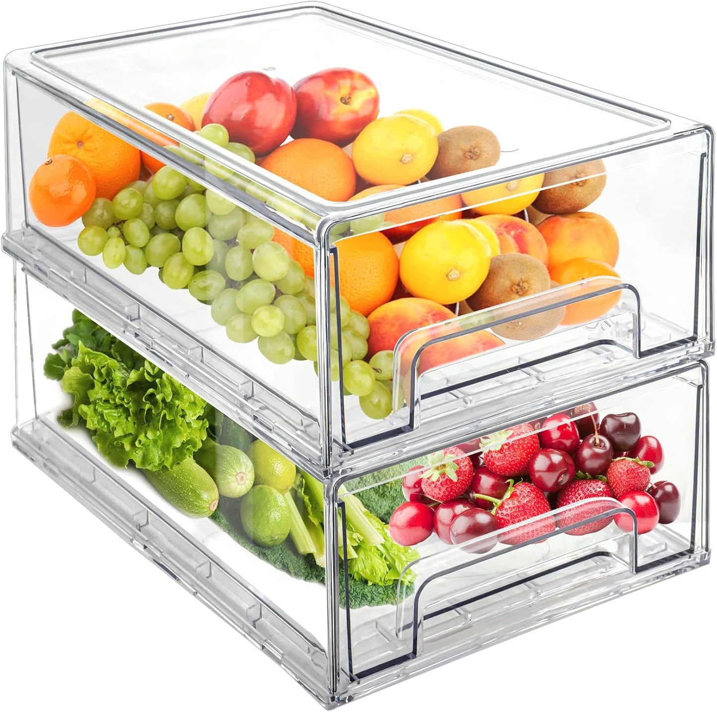 Mano Clear Fridge Drawer Organizers - Stackable Plastic Storage Bins for Kitchen & Pantry (2-Pack, Large)