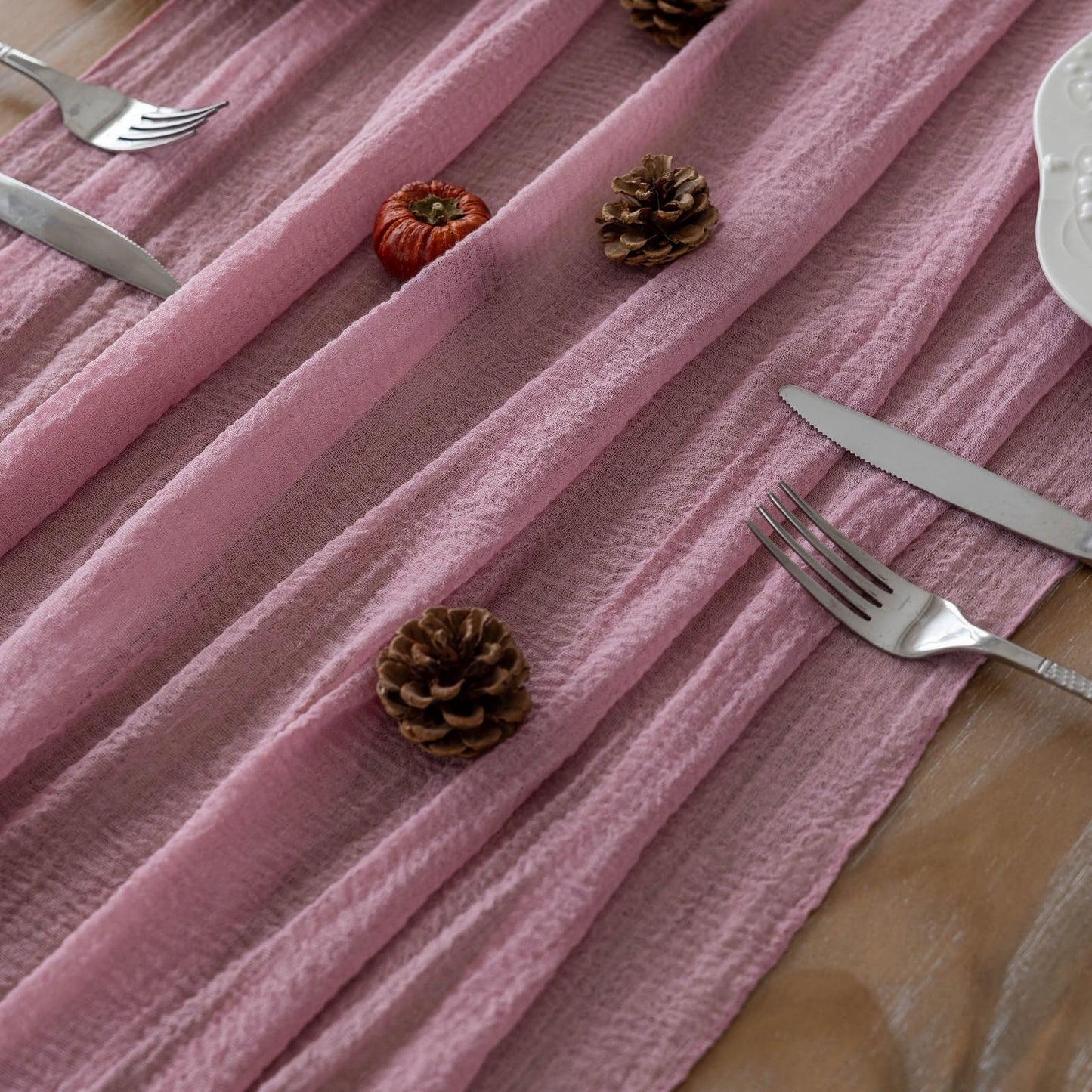 Keketoarrange Dusty Rose Mothers Day Cheesecloth Table Runner Gauze 120 Inch 10 FT Rustic Boho Cheese Cloth Runner for Wedding Baby Shower Bridal Shower Garden Party Sheer Spring Home Decorations
