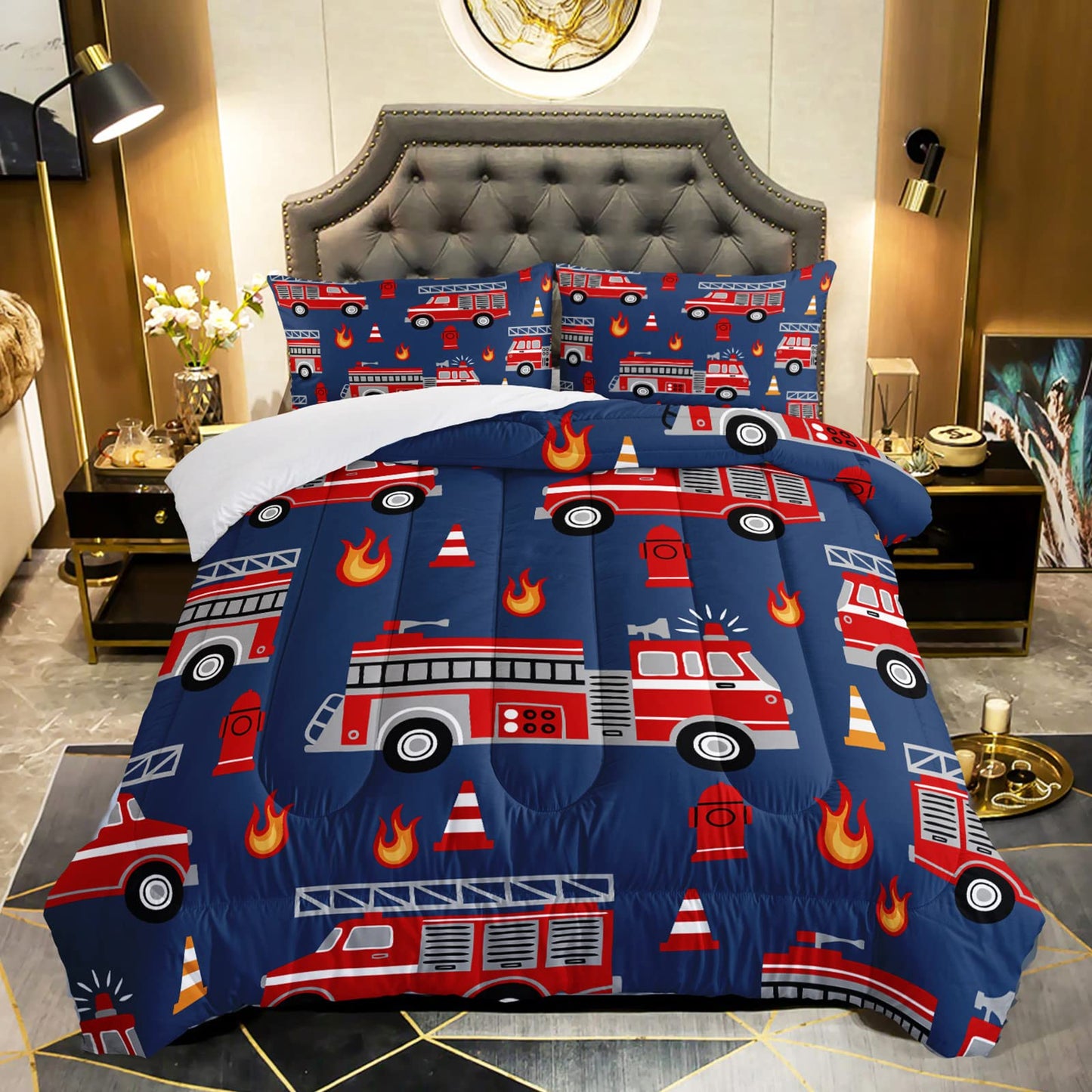 QOOMO Fire Truck Kids Comforter Set, 3Pcs Bedding Set, Full Size, Printed Comforter with 2 Pillowcases, Down Alternative, Soft and Lightweight, for All Seasons