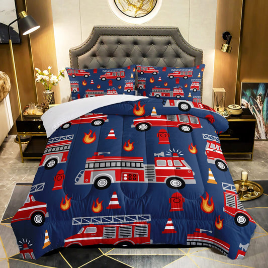 QOOMO Fire Truck Kids Comforter Set, 3Pcs Bedding Set, Full Size, Printed Comforter with 2 Pillowcases, Down Alternative, Soft and Lightweight, for All Seasons
